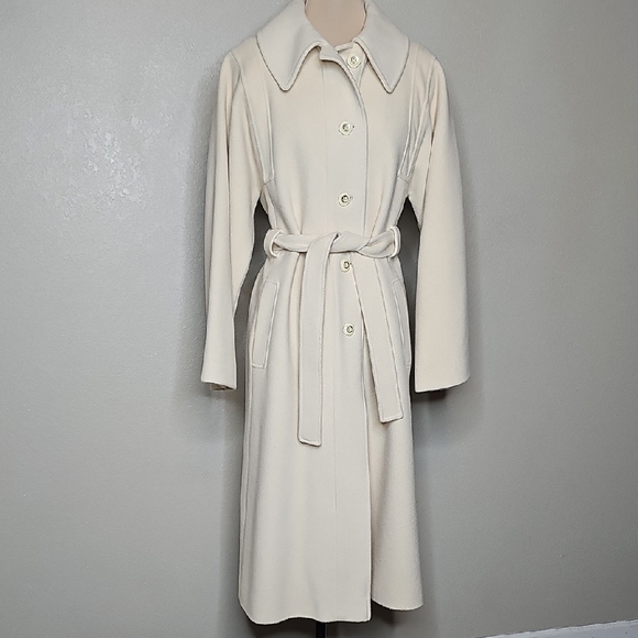 True Vintage Cashmere Cream Ivory Belted Single Breast Trench Coat Large Winter - Picture 1 of 15